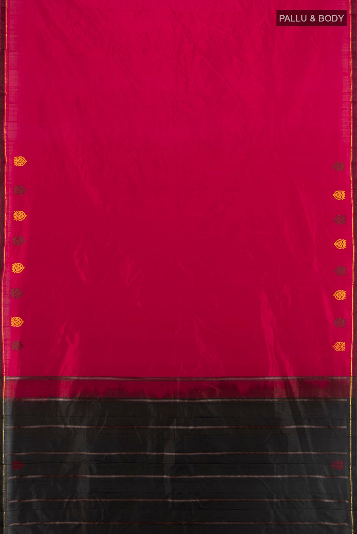 Flat view of Pure Silk Maroon Kanjivaram Saree with Plain Body and Zari And Thread Border. 