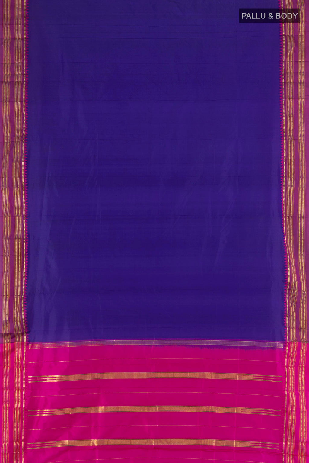 Flat view of Pure Silk Navy Blue Narayanpet Saree with Plain Body and Zari Border. 