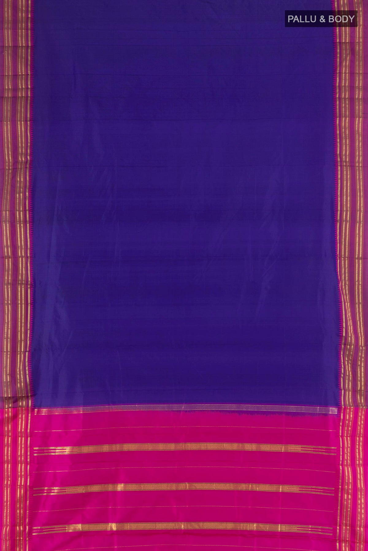 Flat view of Pure Silk Navy Blue Narayanpet Saree with Plain Body and Zari Border. 