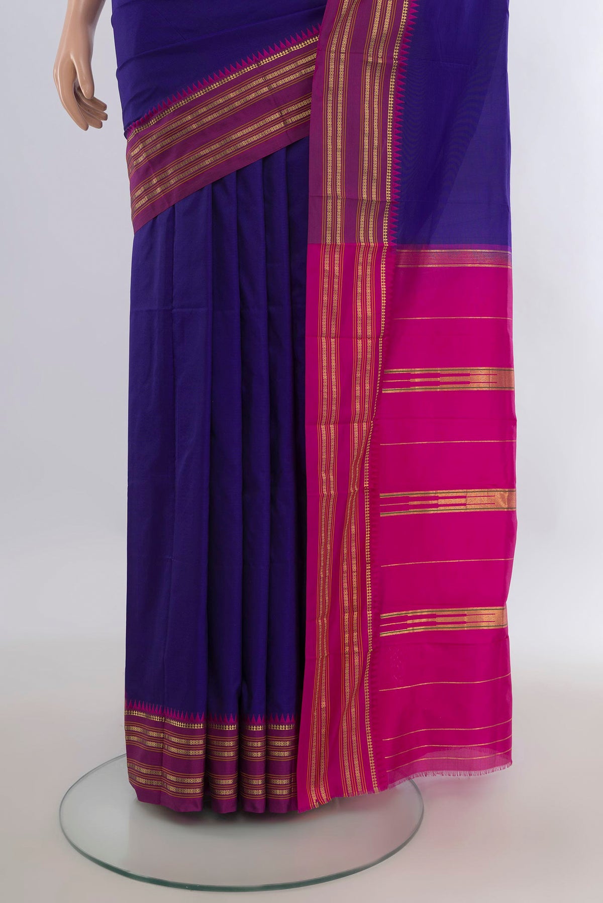 Pleats and pallu of Pure Silk Navy Blue Narayanpet Saree with Plain Body and Zari Border. 