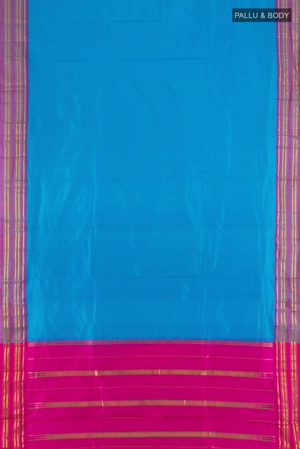 Flat view of Pure Silk Blue Narayanpet Saree with Checked design on the body and Zari Border. 