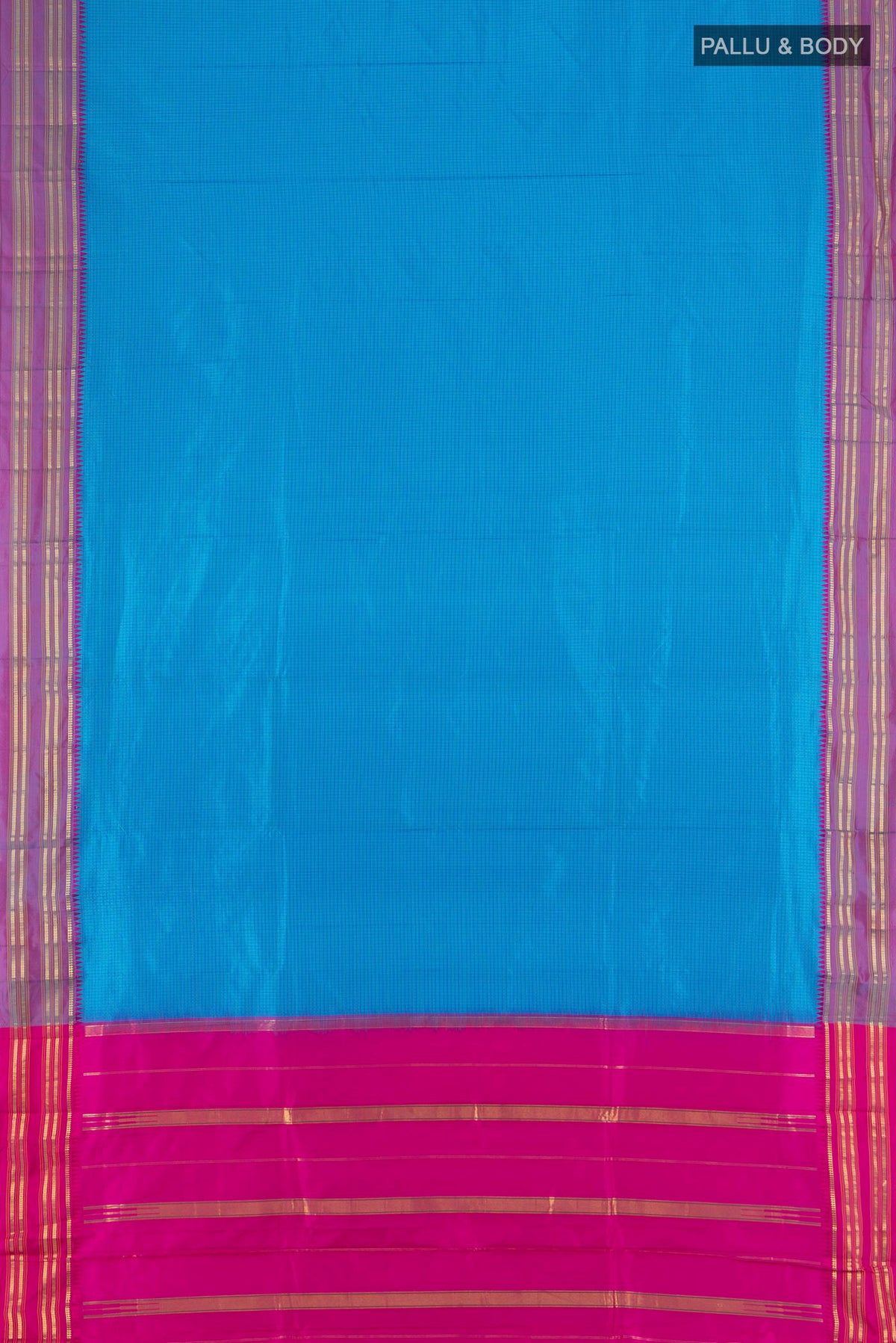 Flat view of Pure Silk Blue Narayanpet Saree with Checked design on the body and Zari Border. 