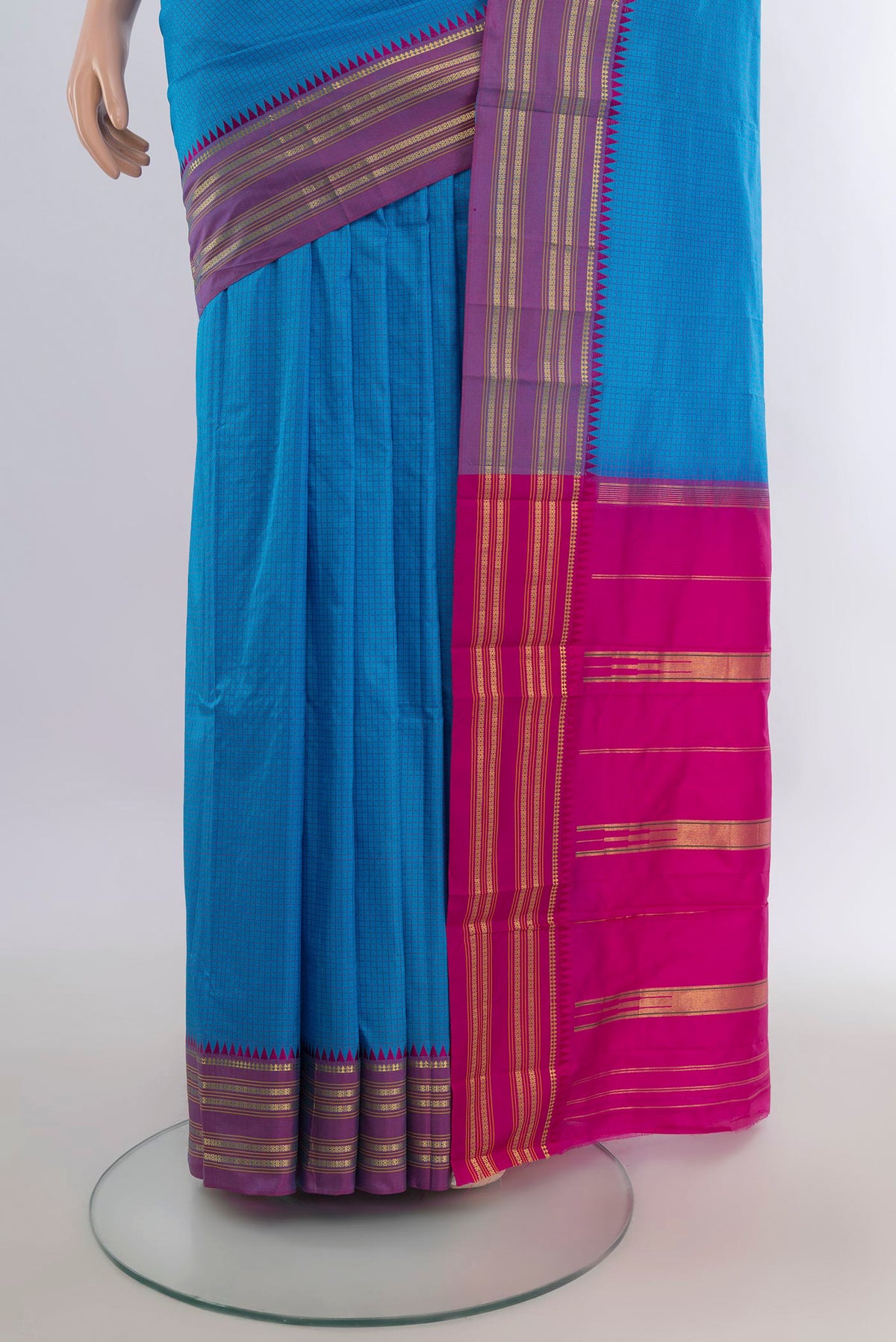 Pleats and pallu of Pure Silk Blue Narayanpet Saree with Checked design on the body and Zari Border. 