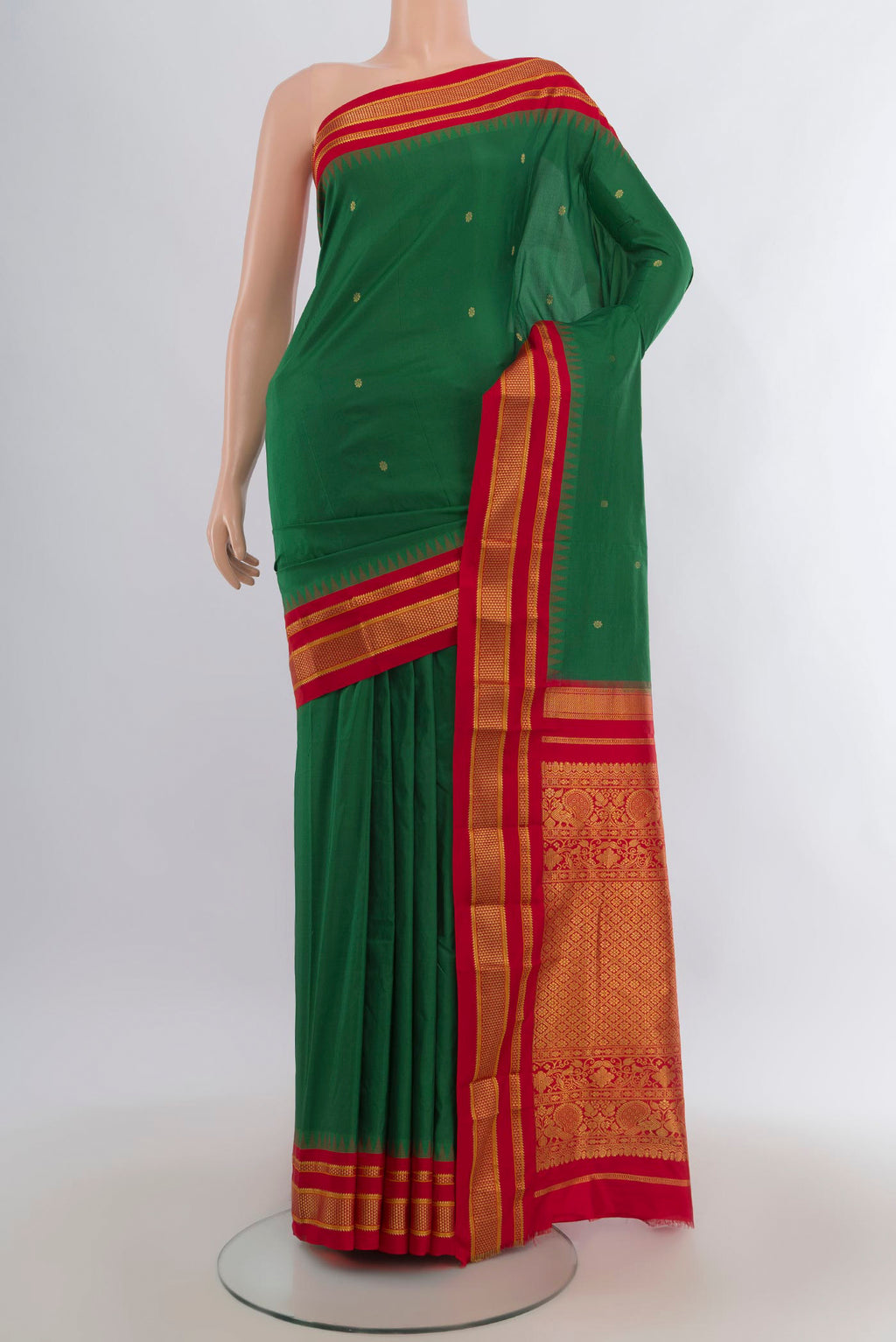 Pure Silk Green Bangalore - kadyal Saree with Zari Butta on the body and Zari Border.  displayed on a mannequin