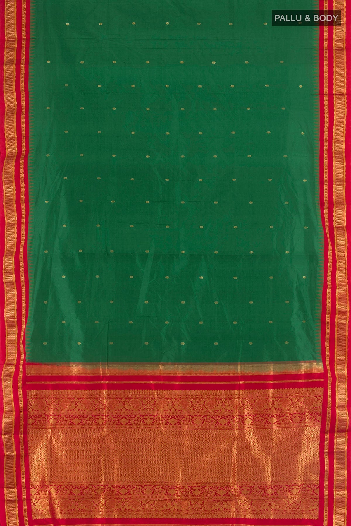 Flat view of Pure Silk Green Bangalore - kadyal Saree with Zari Butta on the body and Zari Border. 