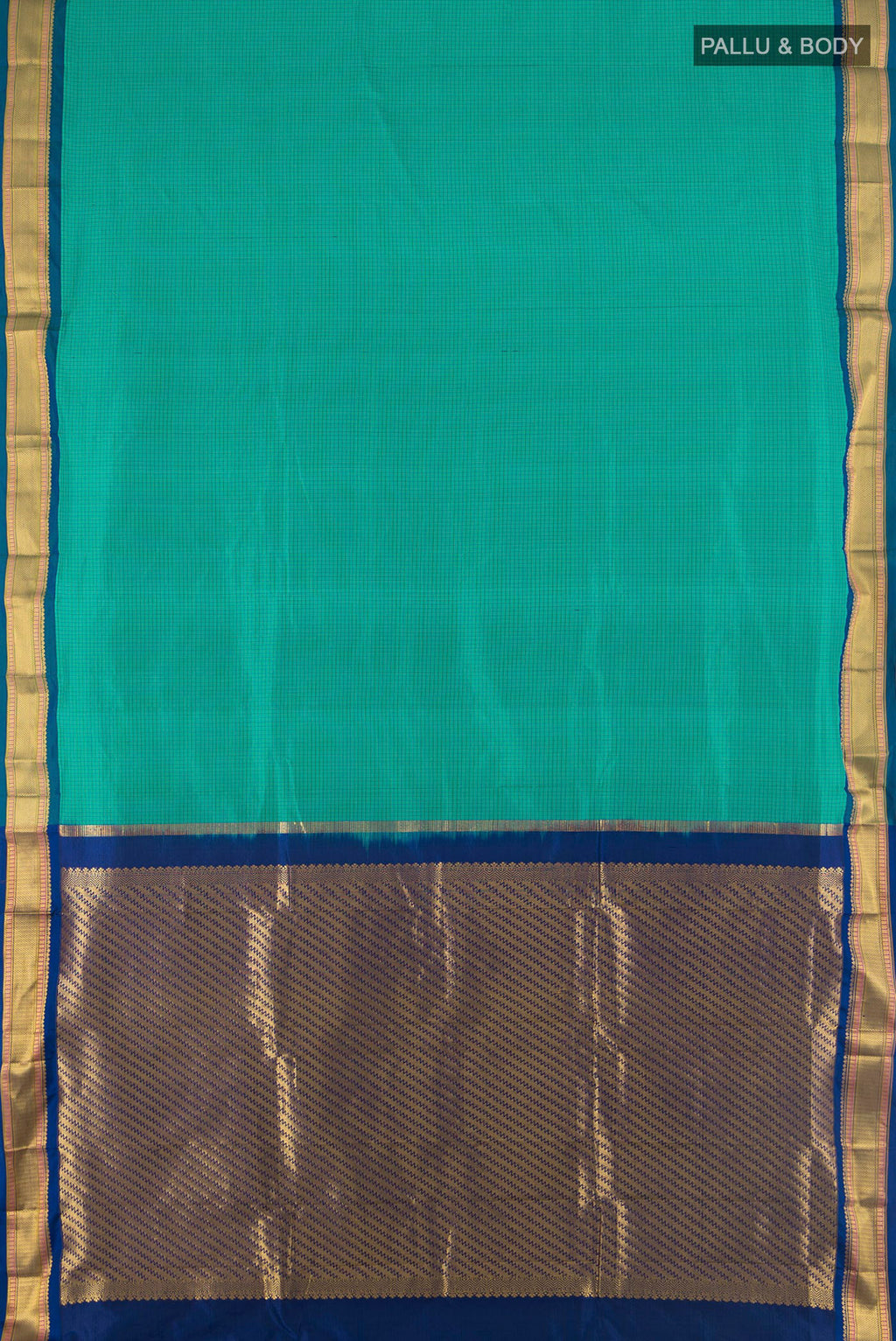 Flat view of Pure Silk Green Narayanpet Saree with Checked design on the body and Zari Border. 