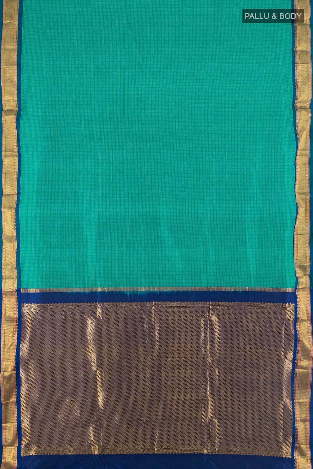 Flat view of Pure Silk Green Narayanpet Saree with Checked design on the body and Zari Border. 