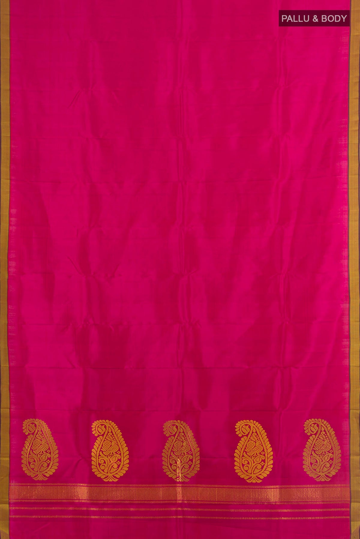 Flat view of Pure Silk Dark Pink Kanchipuram Saree with Plain Body and Silk Border. 
