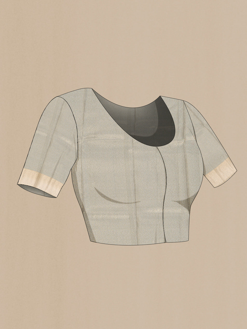 Close up image of the blouse of Grey Tissue Saree with Zari Butta on the body and Zari Border. 