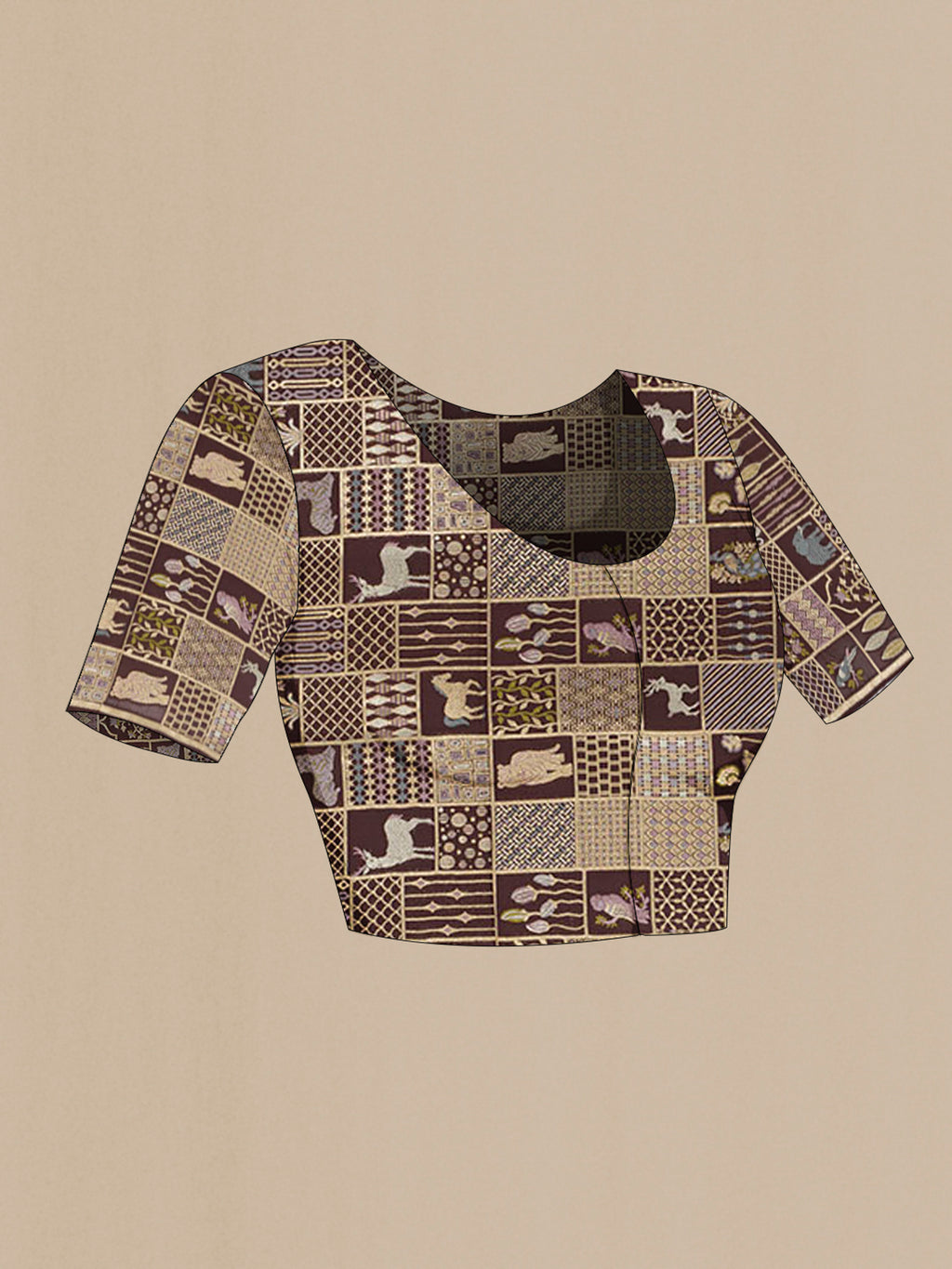 Close up image of the blouse of Coffee Brown Tussar Saree with Stripes on the body and Plain Border. 