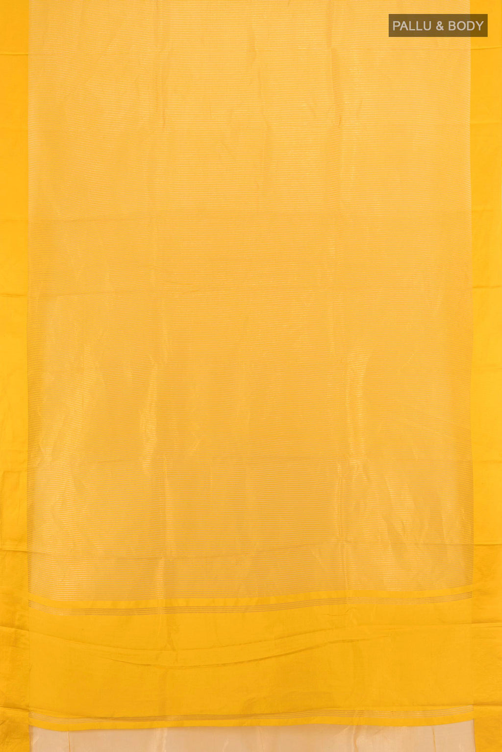 Flat view of Mustard Tussar Saree with Stripes on the body and Satin Border. 