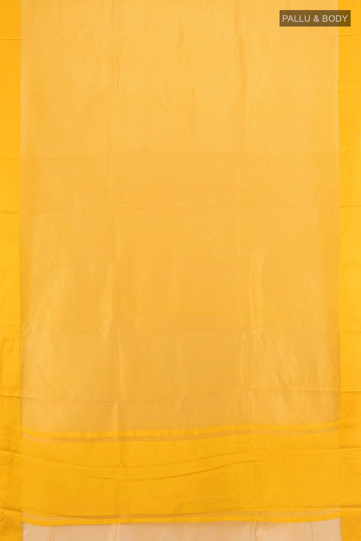 Flat view of Mustard Tussar Saree with Stripes on the body and Satin Border. 