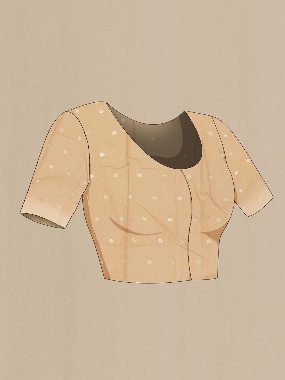 Close up image of the blouse of Golden Tussar Saree with Zari Butta on the body and Zari Border. 