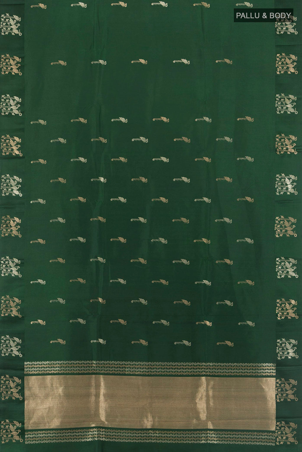 Flat view of Pure Silk Bottle Green Banarasi Katan Saree with Zari Butta on the body and Plain Border. 