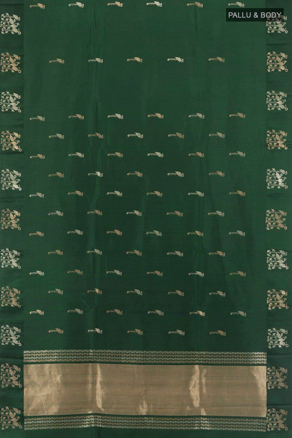 Flat view of Pure Silk Bottle Green Banarasi Katan Saree with Zari Butta on the body and Plain Border. 
