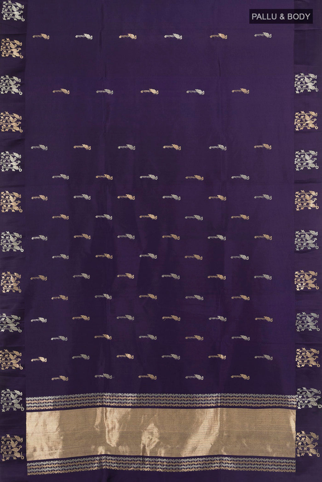 Flat view of Pure Silk Navy Blue Banarasi Katan Saree with Zari Butta on the body and Plain Border. 