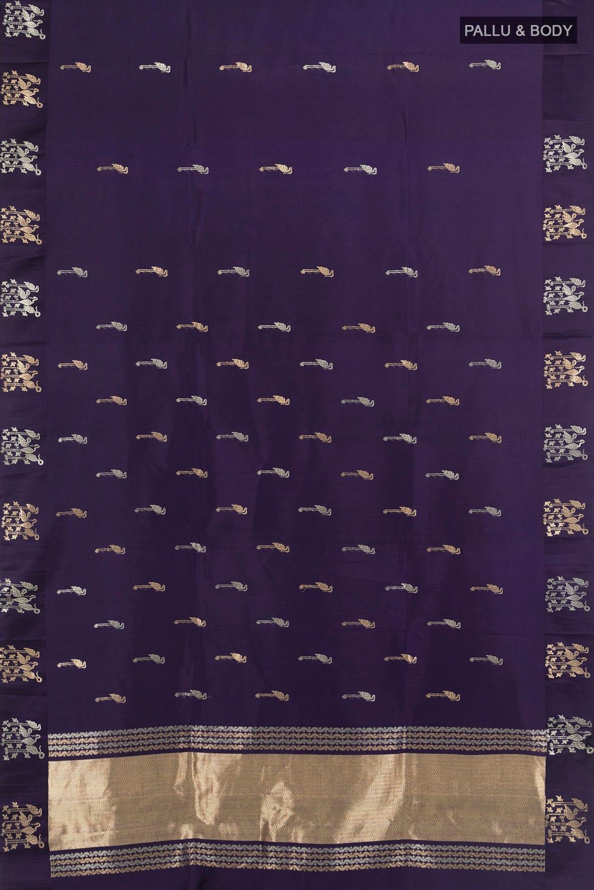 Flat view of Pure Silk Navy Blue Banarasi Katan Saree with Zari Butta on the body and Plain Border. 