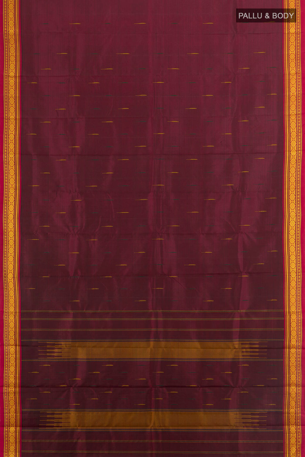 Flat view of Pure Silk Coffee Brown Kanjivaram Saree with Plain Body and Silk Border. 