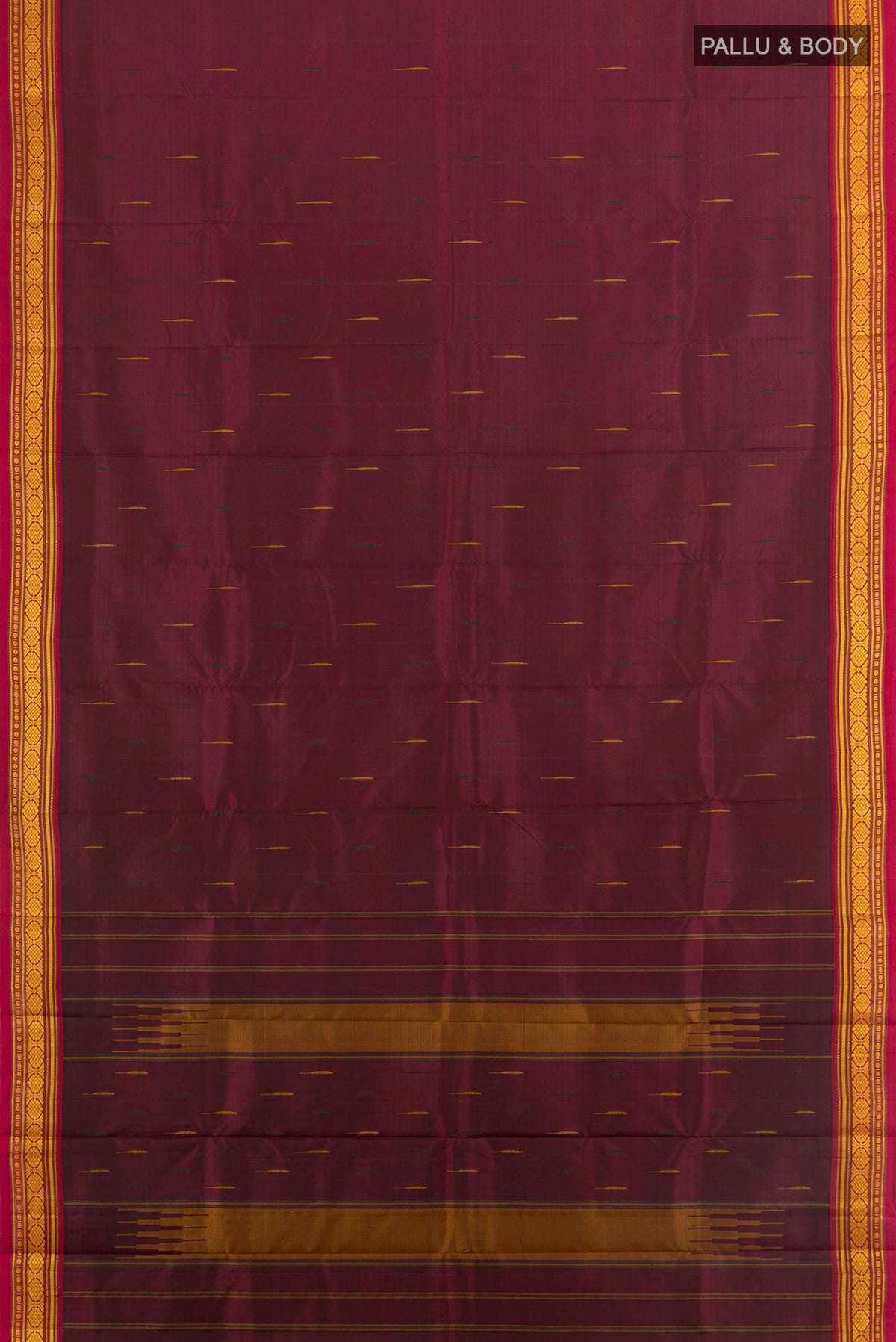 Flat view of Pure Silk Coffee Brown Kanjivaram Saree with Plain Body and Silk Border. 