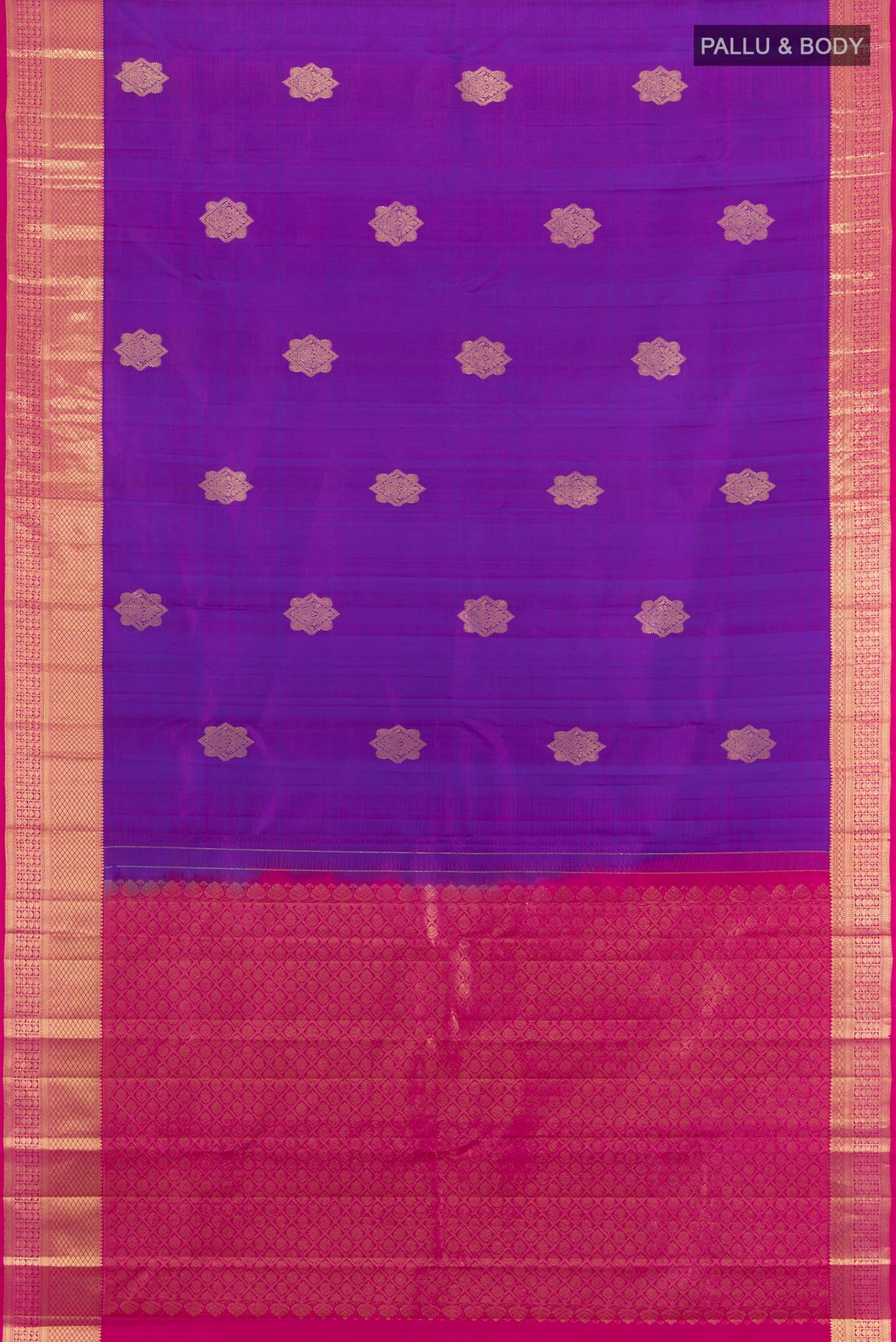 Flat view of Pure Silk Purple Kanchipuram Saree with Zari Butta on the body and Zari Border. 
