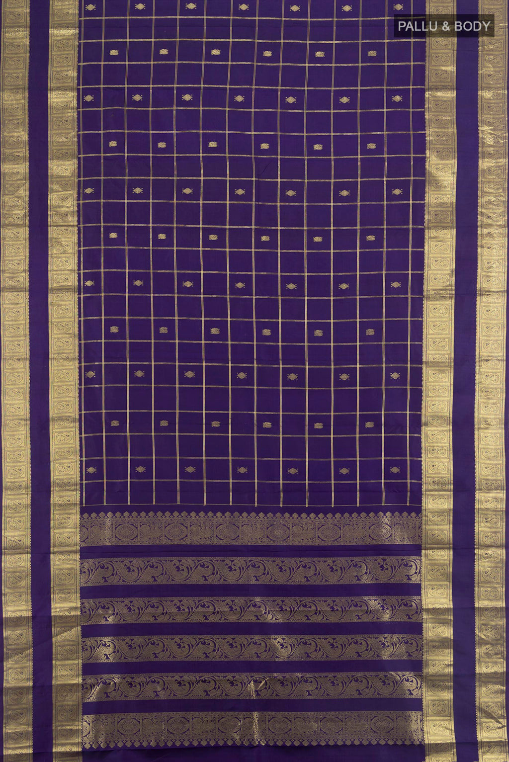 Flat view of Pure Silk Navy Blue Kanjivaram Saree with Checked design on the body and Zari Border. 