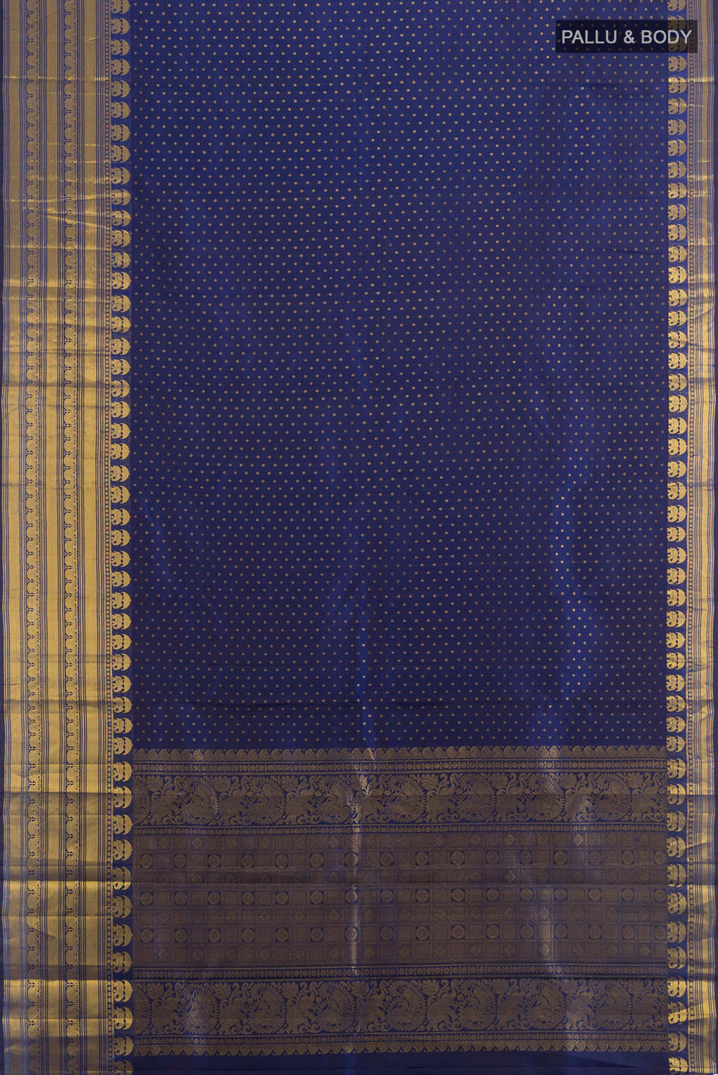 Flat view of Pure Silk Navy Blue Kanjivaram Saree with Zari Butta on the body and Silk Border. 