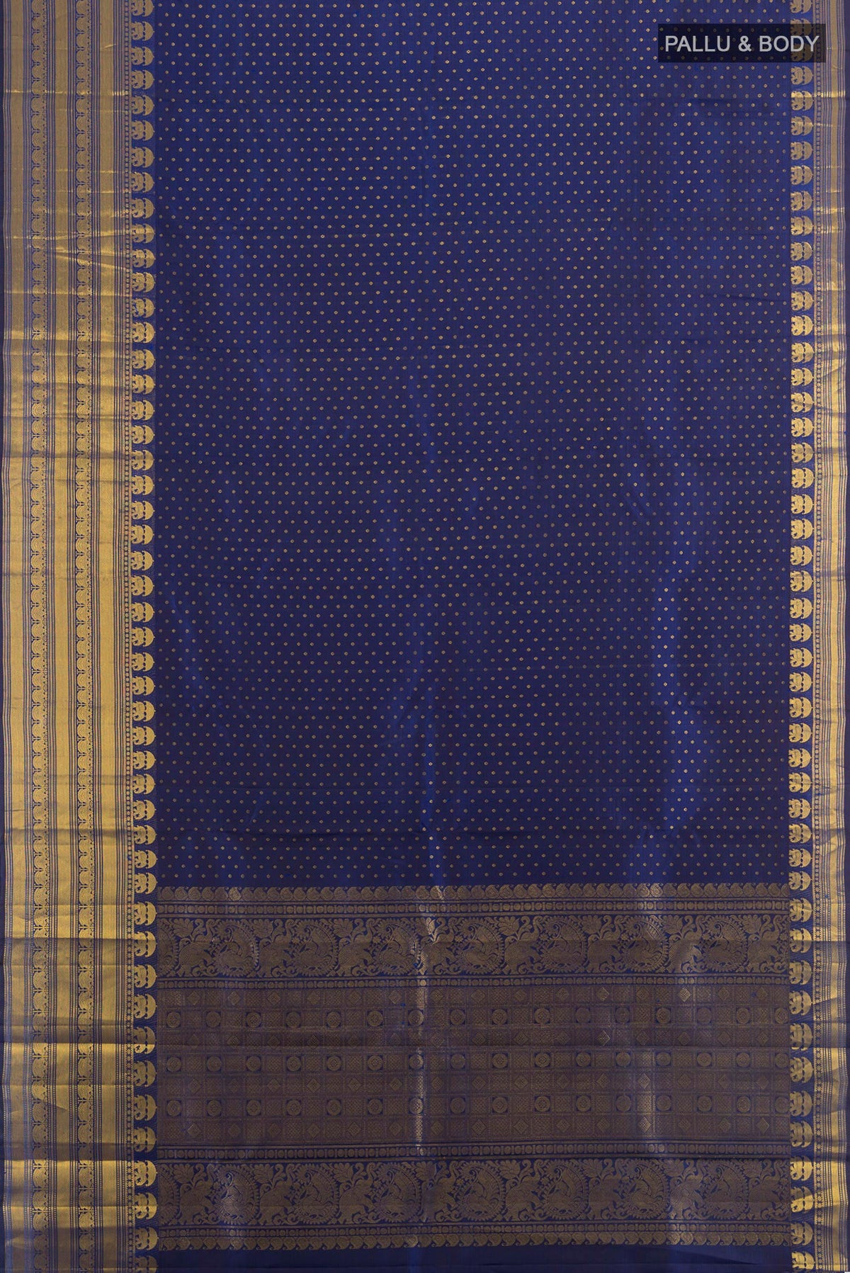 Flat view of Pure Silk Navy Blue Kanjivaram Saree with Zari Butta on the body and Silk Border. 