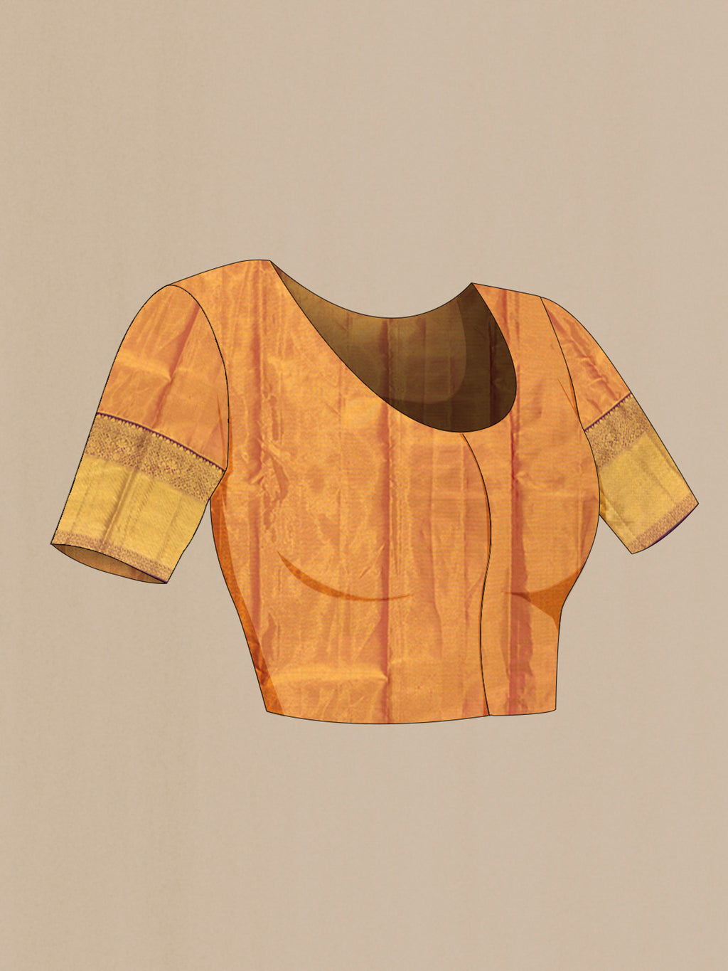 Close up image of the blouse of Golden Dual Tone Kanchipuram Tissue Saree with Zari Butta on the body and Zari Border. 