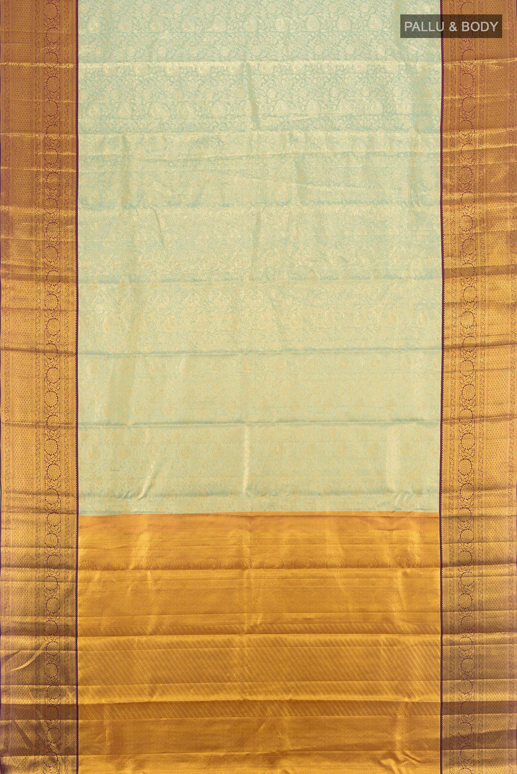 Flat view of Light Green Dual Tone Kanjivaram Tissue Saree with Zari Brocade on the body and Zari Border. 