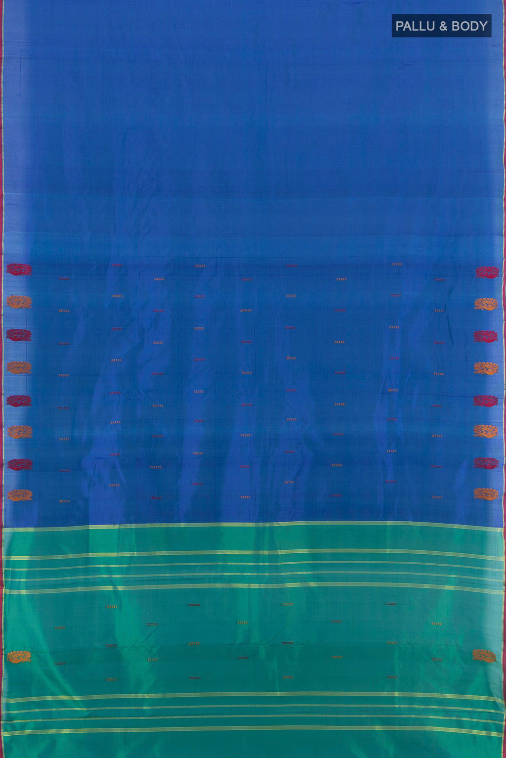 Flat view of Pure Silk Blue Kanchipuram Saree with Plain Body and Zari And Thread Border. 