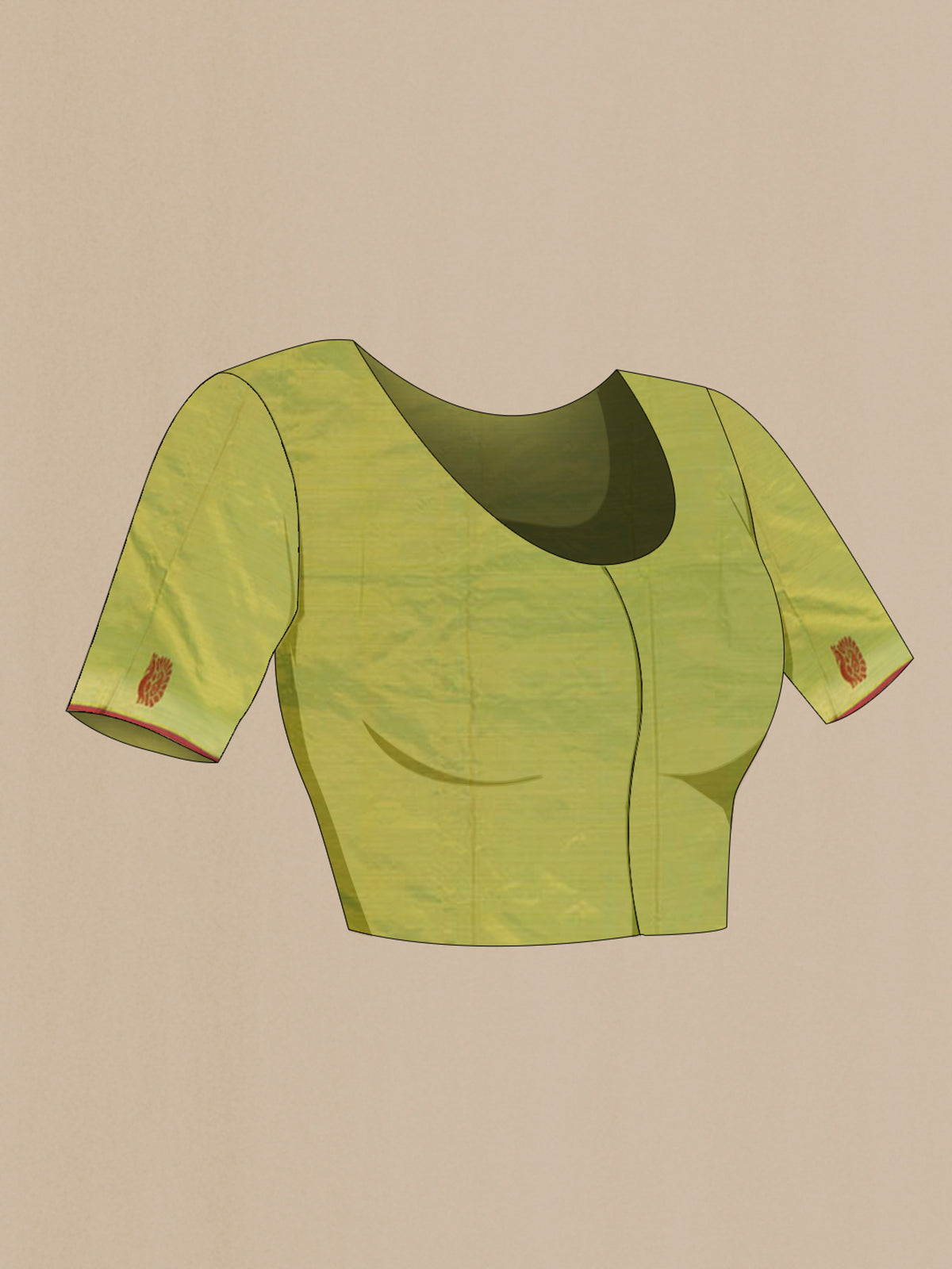 Close up image of the blouse of Pure Silk Green Kanchipuram Saree with Plain Body and Thread Border. 