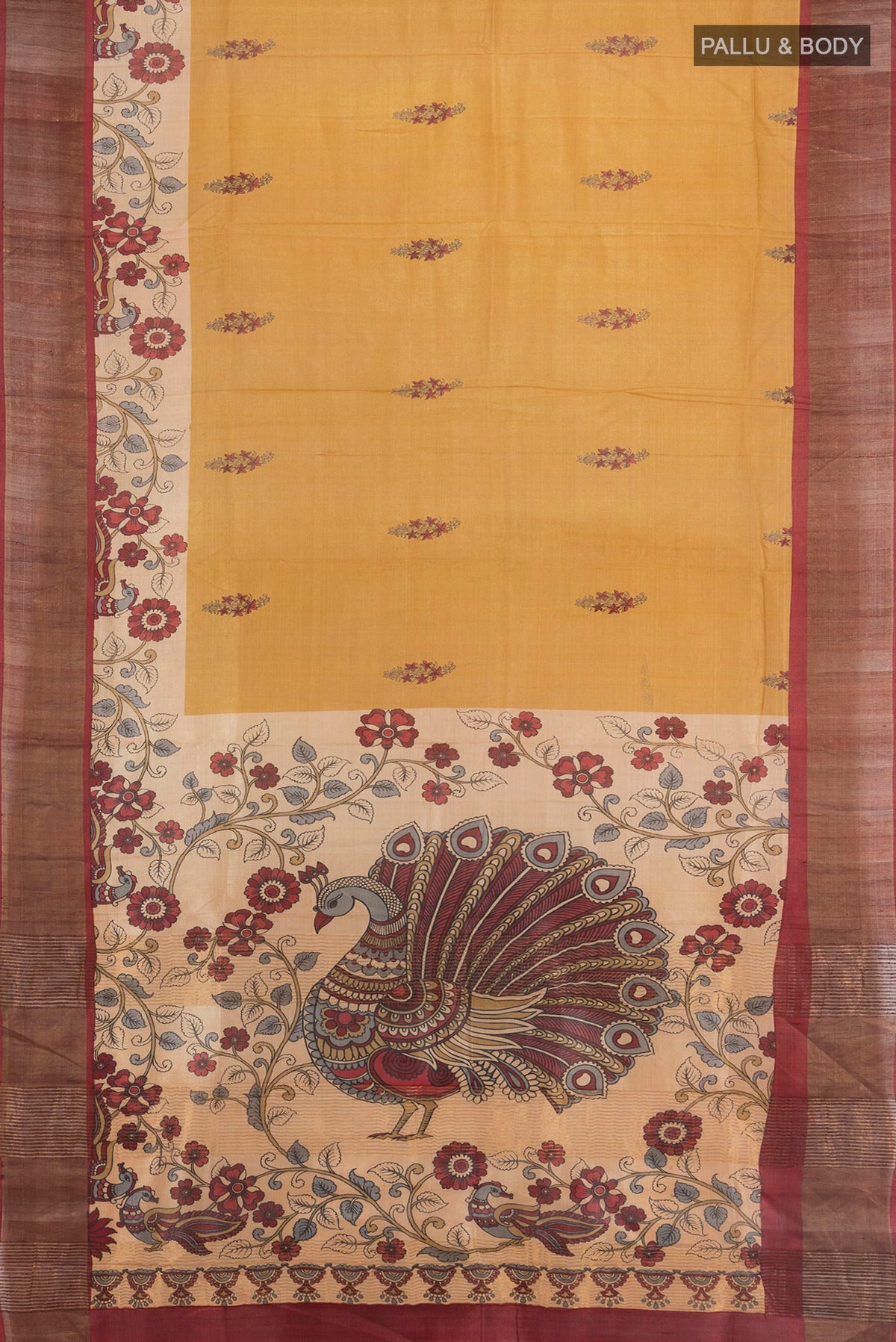 Flat view of Mustard Tussar Saree with Floral Print on the body and Zari Border. 