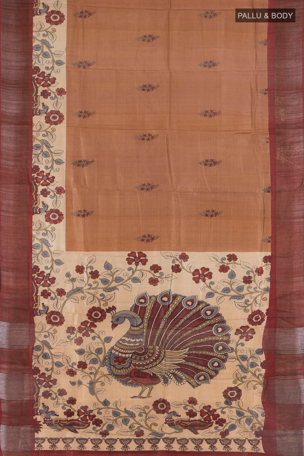 Flat view of Brown Tussar Saree with Floral Print on the body and Zari Border. 