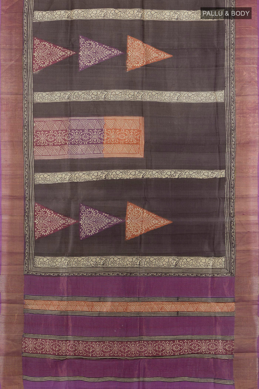 Flat view of Multi Color Tussar Saree with Floral Print on the body and Silk Border. 