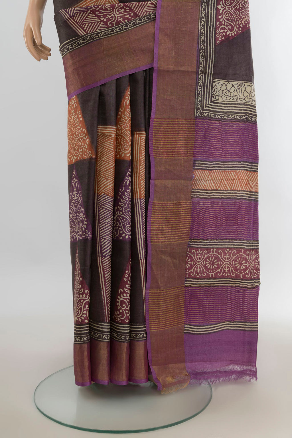Pleats and pallu of Multi Color Tussar Saree with Floral Print on the body and Silk Border. 