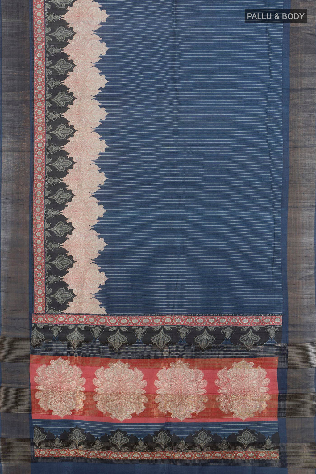 Flat view of Navy Blue Tussar Saree with Printed design on the body and Zari Border. 