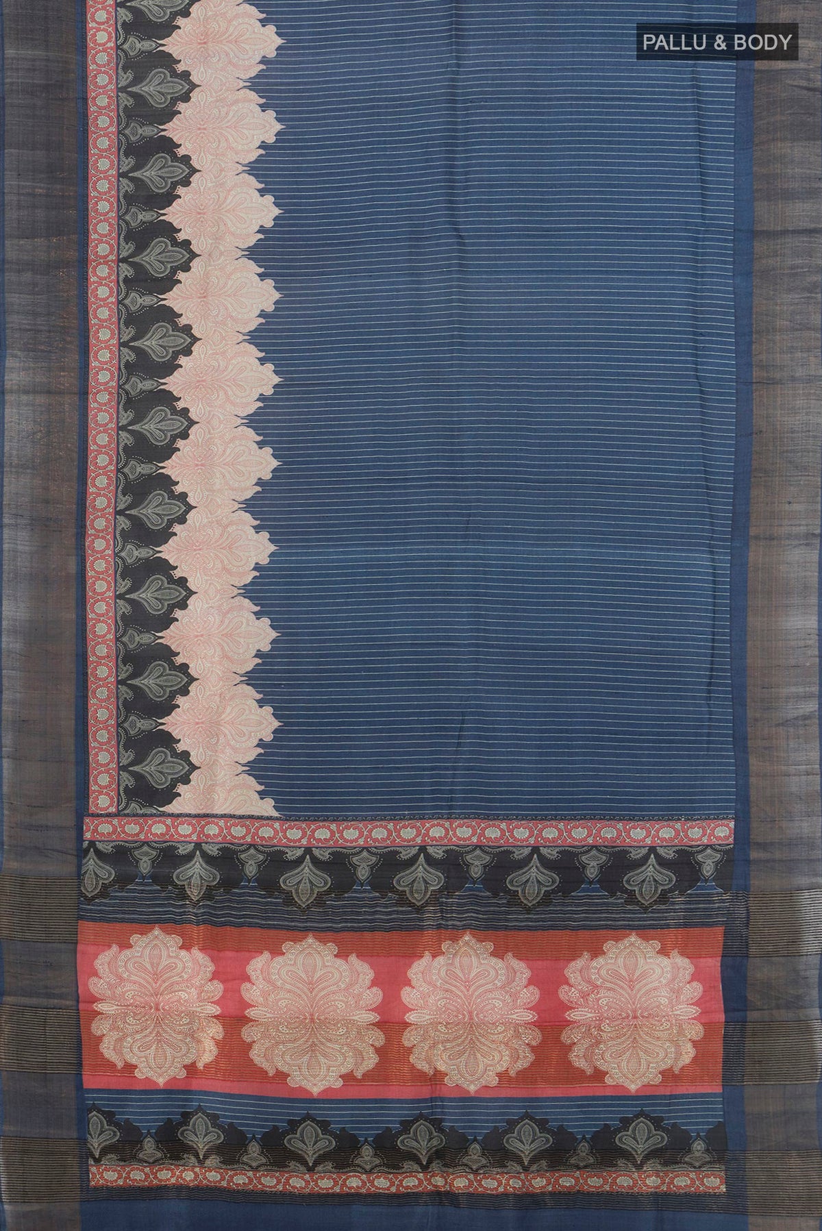 Flat view of Navy Blue Tussar Saree with Printed design on the body and Zari Border. 