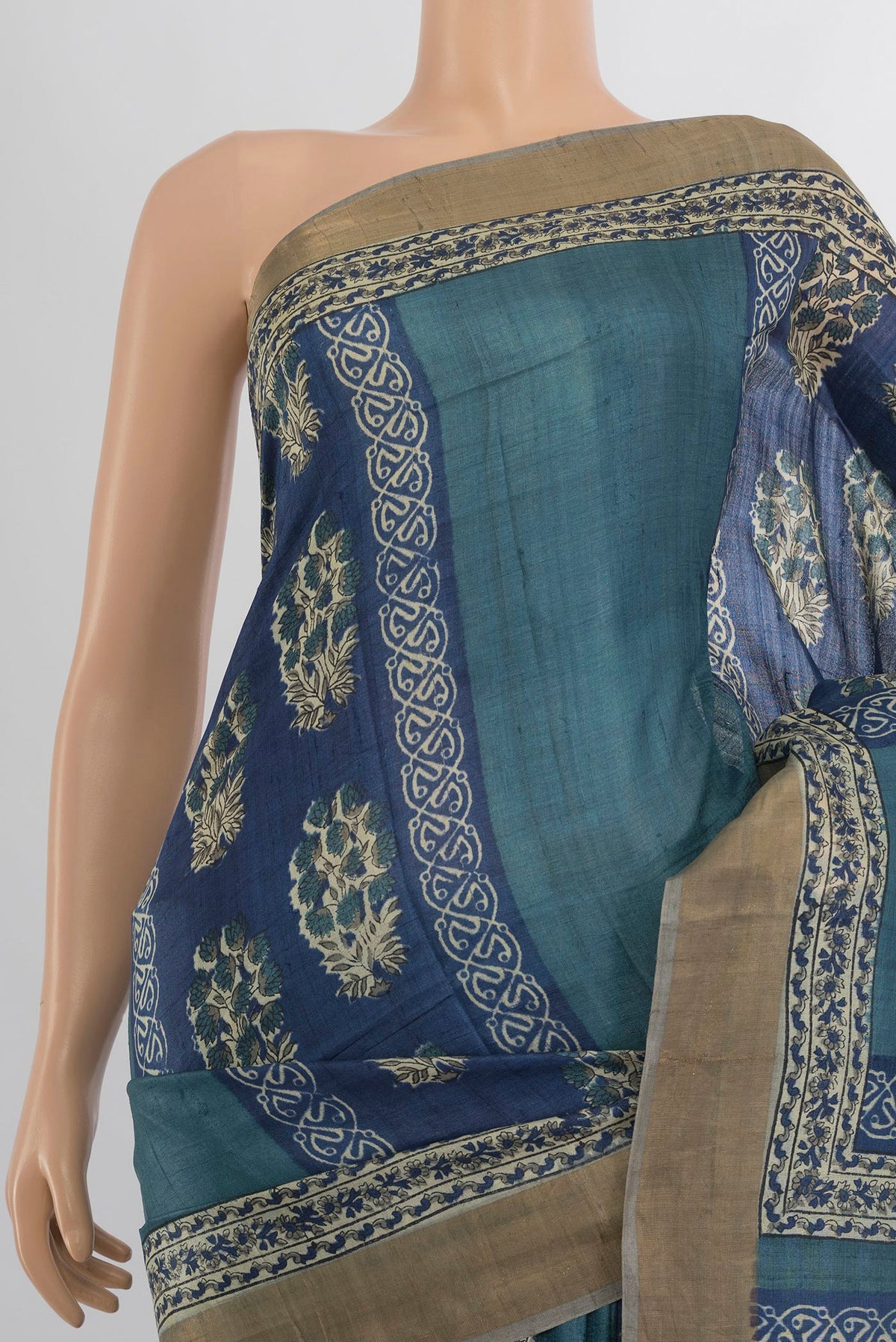 Border image of Multi Color Tussar Saree with Floral Print on the body and Silk Border. 