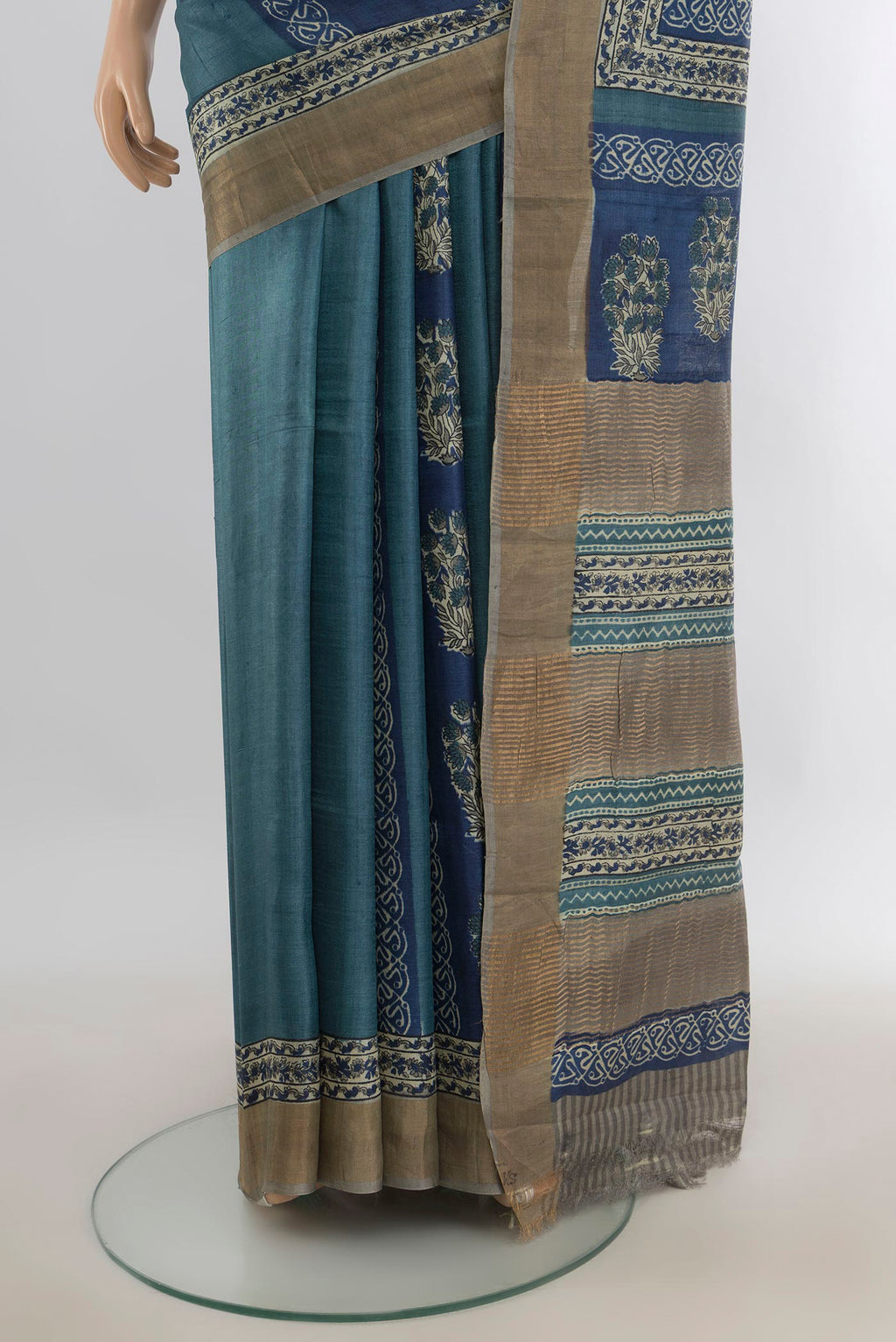 Pleats and pallu of Multi Color Tussar Saree with Floral Print on the body and Silk Border. 