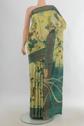 Multi Color Tussar Saree with Floral Print on the body and Silk Border.  displayed on a mannequin