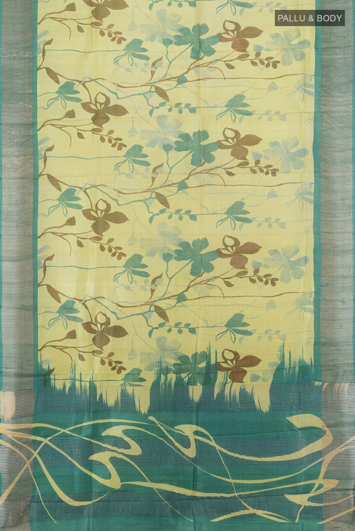Flat view of Multi Color Tussar Saree with Floral Print on the body and Silk Border. 