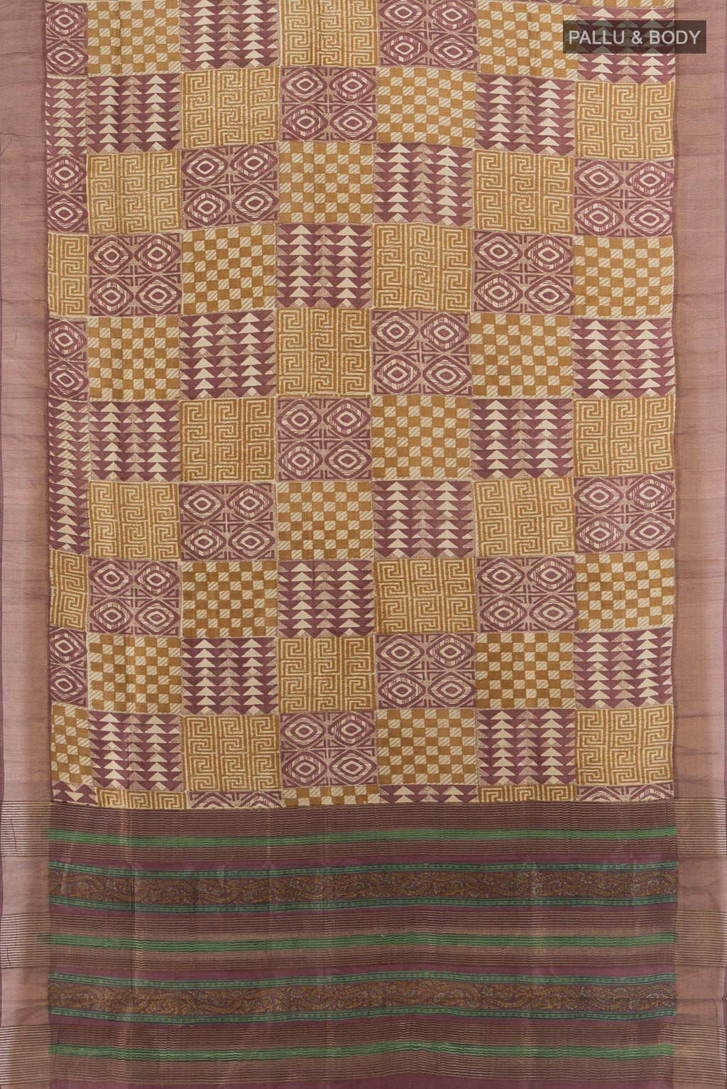 Flat view of Multi Color Tussar Saree with Floral Print on the body and Silk Border. 
