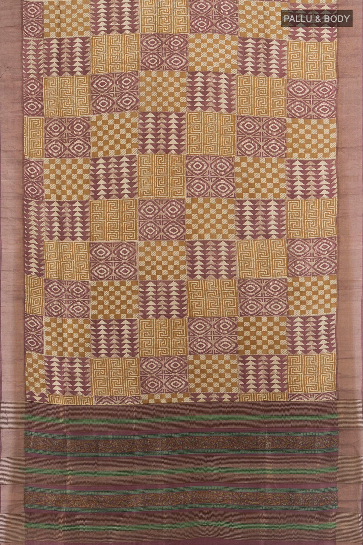 Flat view of Multi Color Tussar Saree with Floral Print on the body and Silk Border. 