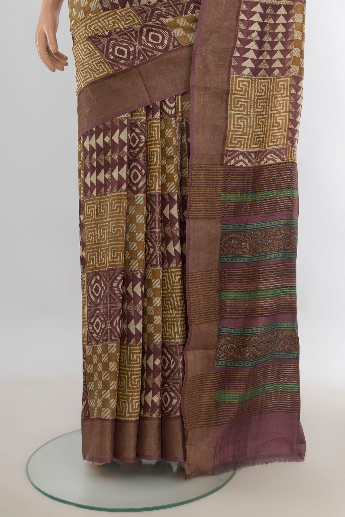 Pleats and pallu of Multi Color Tussar Saree with Floral Print on the body and Silk Border. 