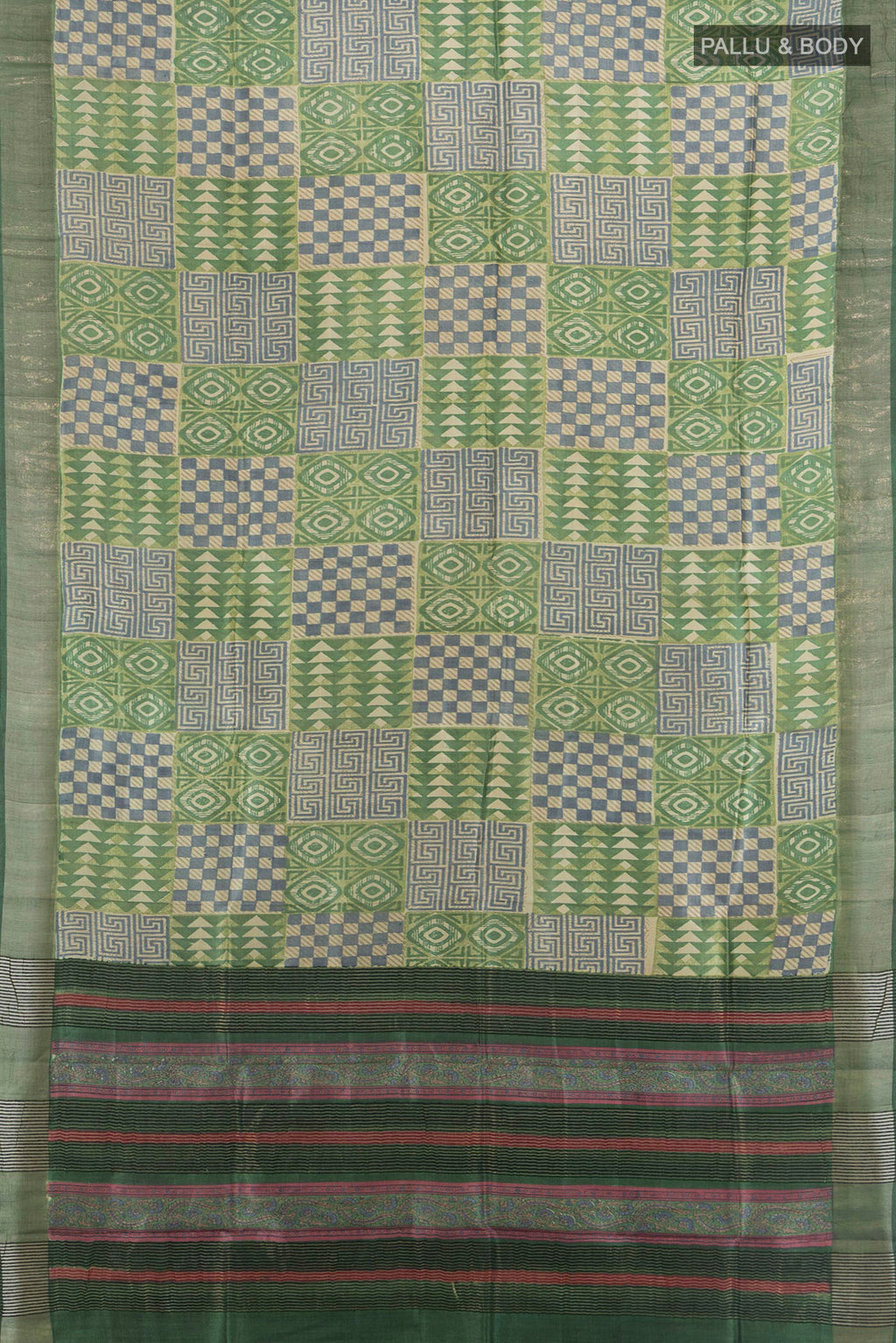 Flat view of Multi Color Tussar Saree with Floral Print on the body and Silk Border. 