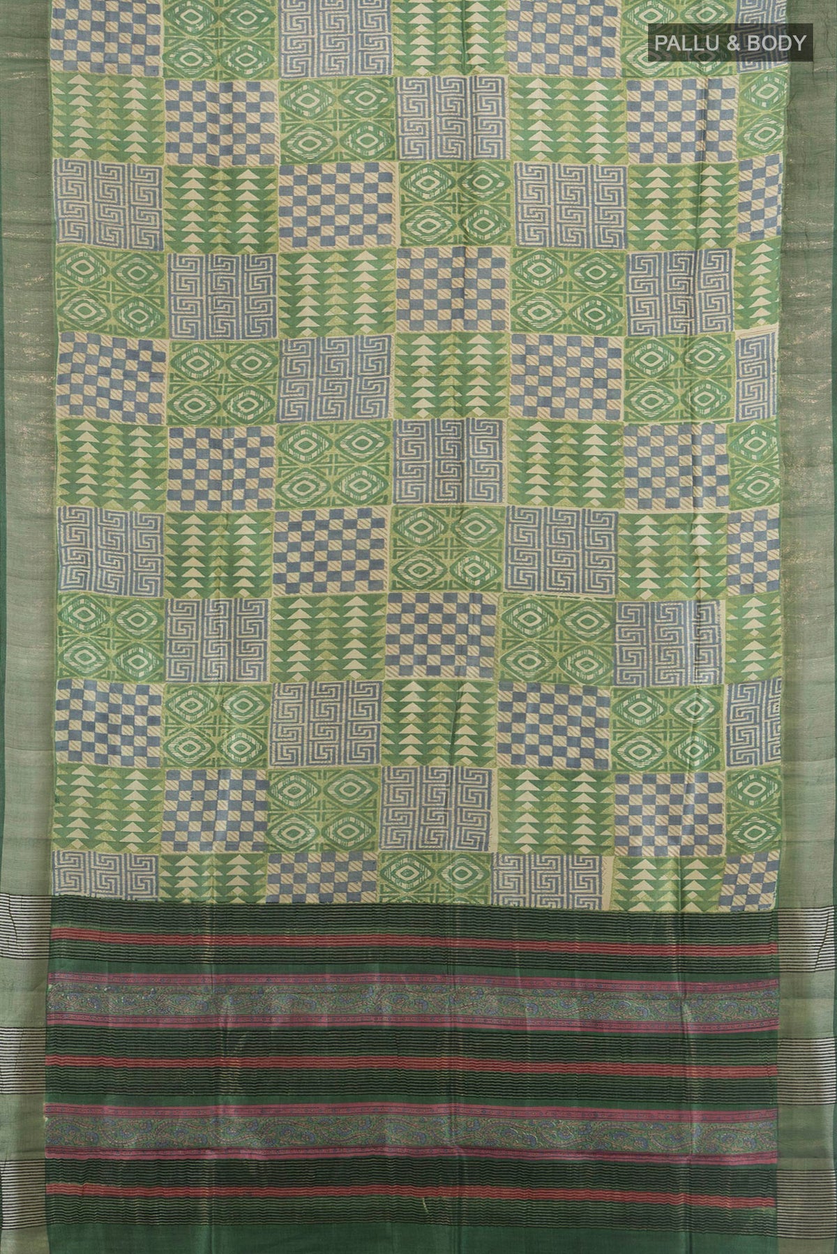 Flat view of Multi Color Tussar Saree with Floral Print on the body and Silk Border. 