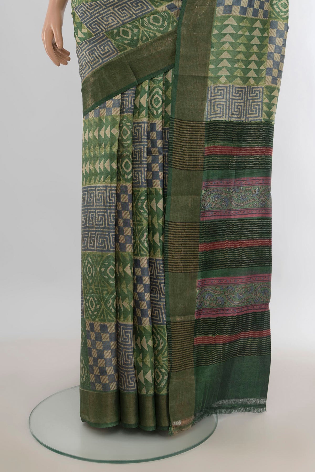 Pleats and pallu of Multi Color Tussar Saree with Floral Print on the body and Silk Border. 