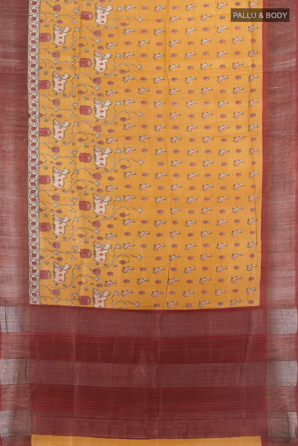 Flat view of Yellow Tussar Saree with Floral Print on the body and Zari Border. 