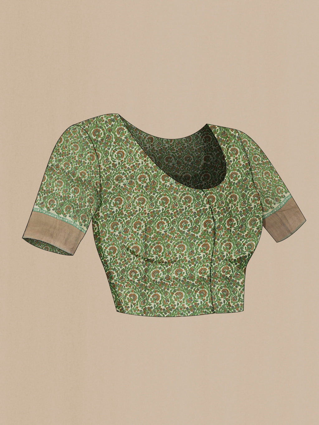 Close up image of the blouse of Green Tussar Saree with Plain Body and Zari Border. 
