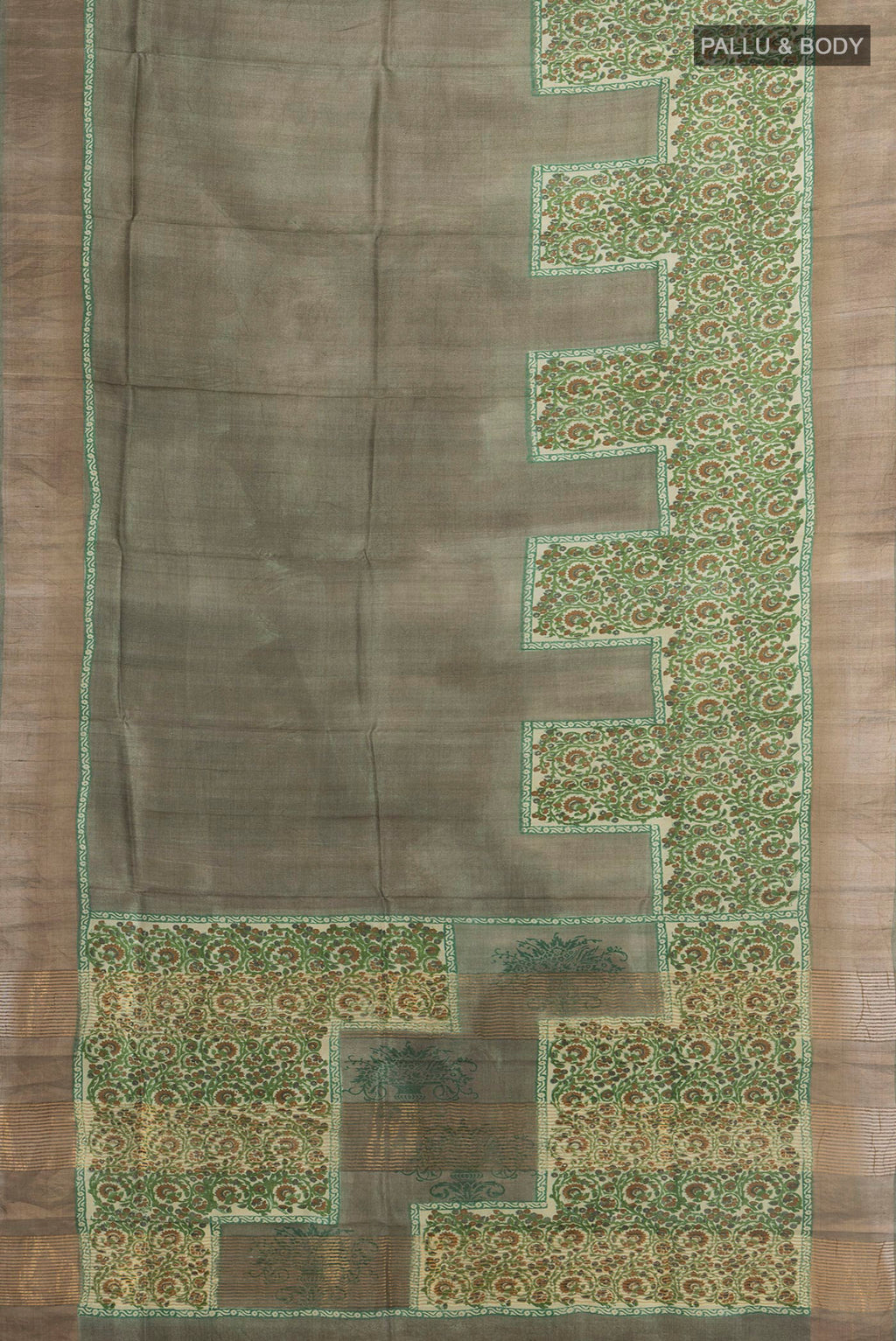 Flat view of Green Tussar Saree with Plain Body and Zari Border. 